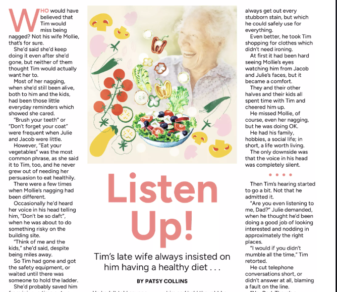 Image is that of the story title and illustration used in the magazine. It shows a happy older man surrounded by salad.